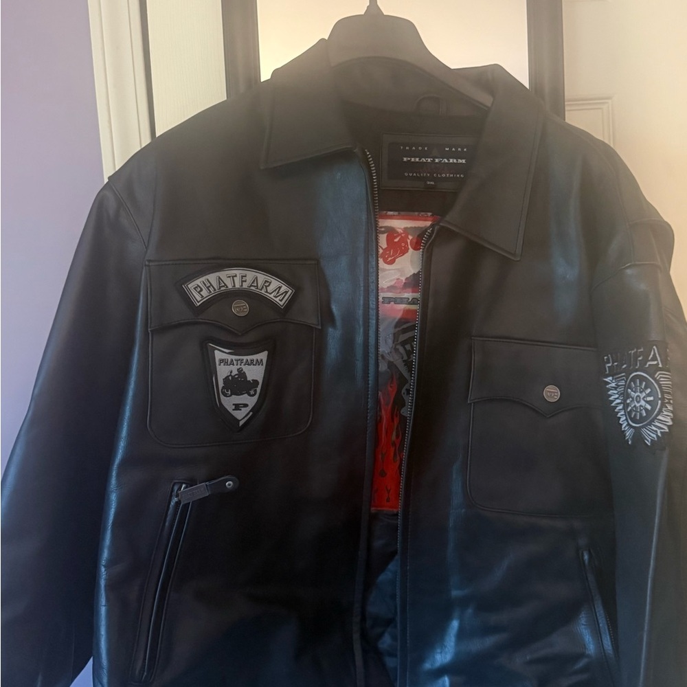 Phat Farm Black Leather Bomber Jacket with Patch Details